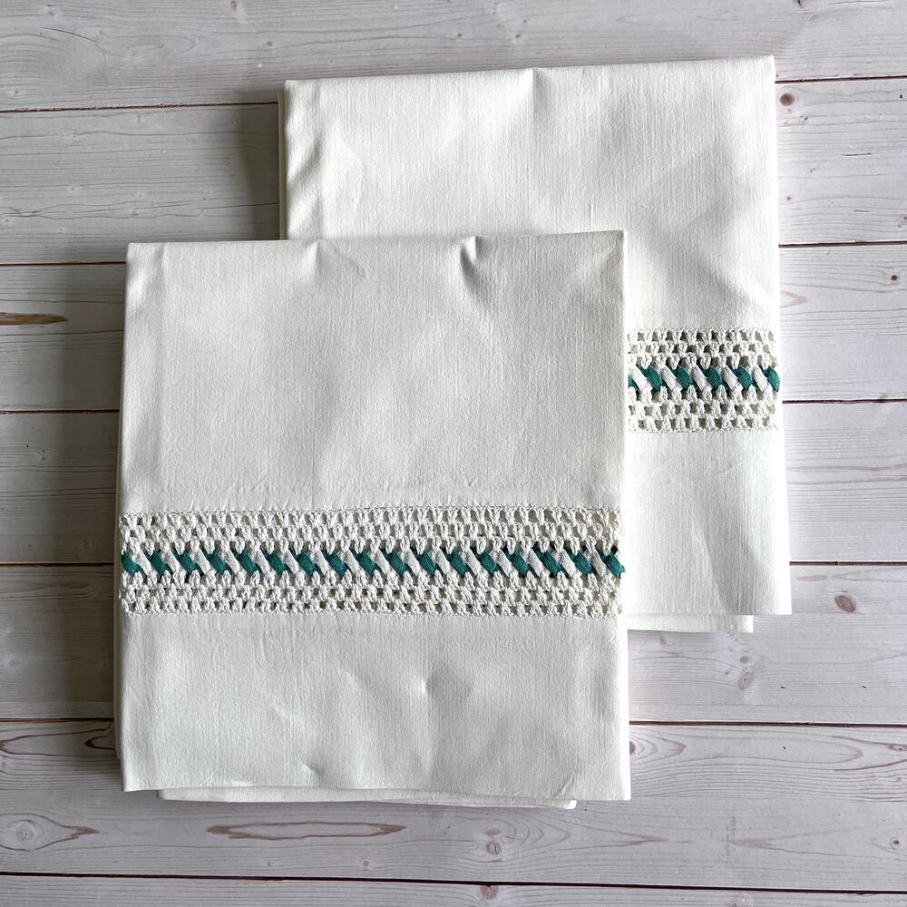 Set of 2 Vintage White Pillowcases Crocheted Lace Inset with Woven Green Ribbon